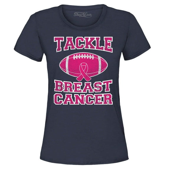 Shop4Ever Women's Tackle Breast Cancer Support Awareness Graphic T-Shirt Medium Navy