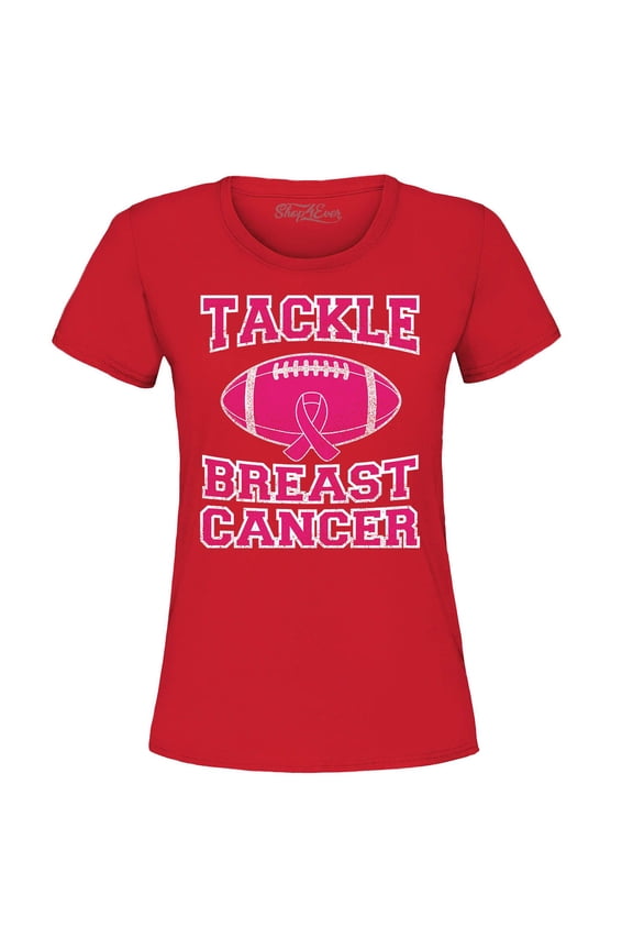 Women's Tackle Breast Cancer Support Awareness Graphic T-Shirt Medium Red