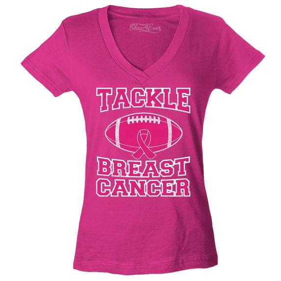 Shop4Ever Women's Tackle Breast Cancer Support Awareness Slim Fit V-Neck T-Shirt Large Pink