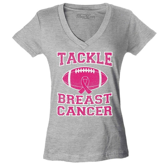 Shop4Ever Women's Tackle Breast Cancer Support Awareness Slim Fit V-Neck T-Shirt XX-Large Sports Grey