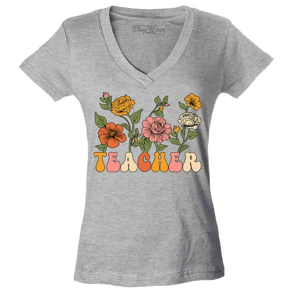 Shop4Ever Women's Teacher Flowers Retro Vintage Aesthetic Slim Fit V-Neck T-Shirt Large Sports Grey