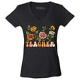 thumbnail image 1 of Shop4Ever Women's Teacher Flowers Retro Vintage Aesthetic Slim Fit V-Neck T-Shirt Small Black, 1 of 5
