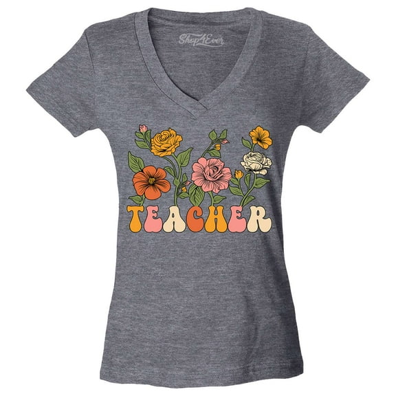 Shop4Ever Women's Teacher Flowers Retro Vintage Aesthetic Slim Fit V-Neck T-Shirt Small Heather Charcoal