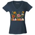 thumbnail image 1 of Shop4Ever Women's Teacher Flowers Retro Vintage Aesthetic Slim Fit V-Neck T-Shirt X-Small Charcoal, 1 of 5