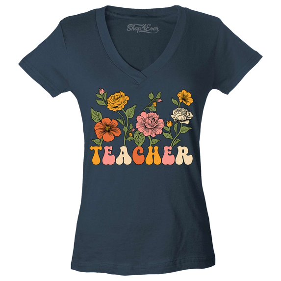 Shop4Ever Women's Teacher Flowers Retro Vintage Aesthetic Slim Fit V-Neck T-Shirt X-Small Charcoal