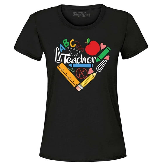 Shop4Ever Women's Teacher Heart Supplies Teacher's Appreciation Day Graphic T-Shirt XX-Large Black