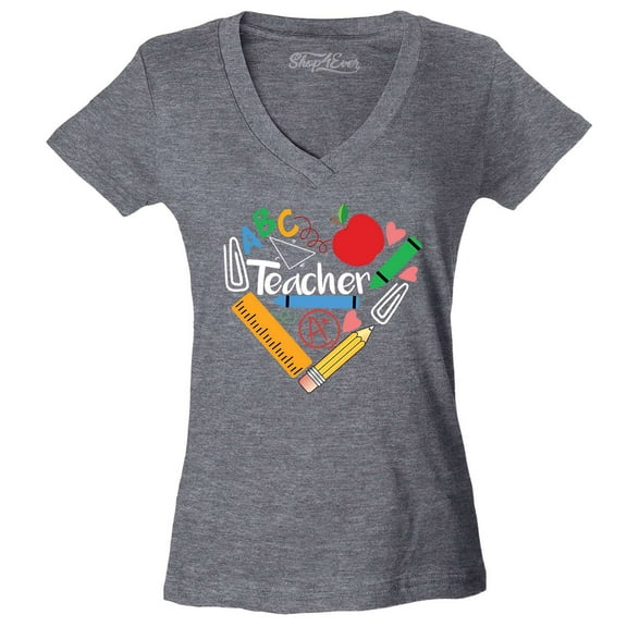 Shop4Ever Women's Teacher Heart Supplies Teacher's Appreciation Day Slim Fit V-Neck T-Shirt X-Large Heather Charcoal