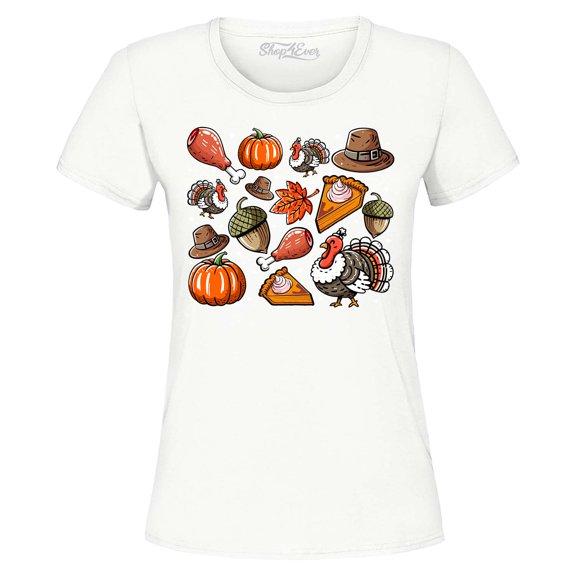 Shop4Ever Women's Thanksgiving Fall Collage Turkey Pilgrim Pumpkin Pie Graphic T-Shirt Medium White
