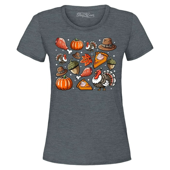 Shop4Ever Women's Thanksgiving Fall Collage Turkey Pilgrim Pumpkin Pie Graphic T-Shirt Small Dark Heather