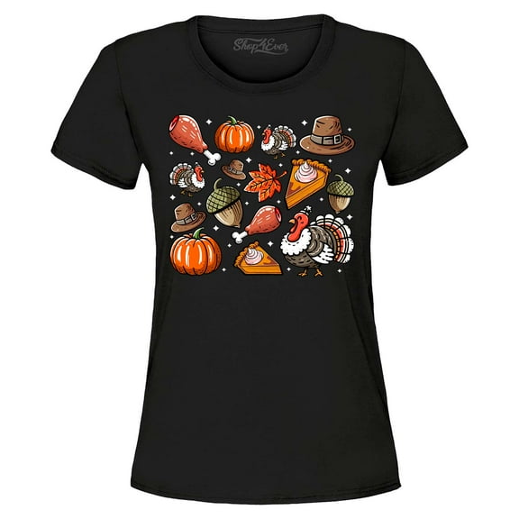Shop4Ever Women's Thanksgiving Fall Collage Turkey Pilgrim Pumpkin Pie Graphic T-Shirt X-Large Black