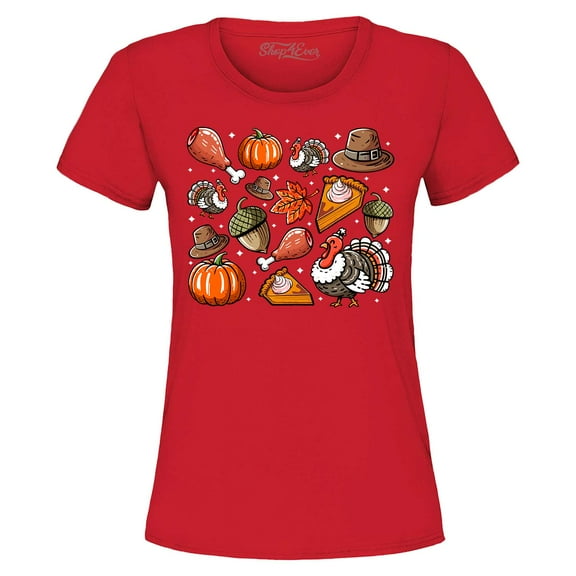 Shop4Ever Women's Thanksgiving Fall Collage Turkey Pilgrim Pumpkin Pie Graphic T-Shirt X-Large Red