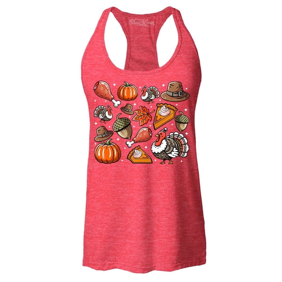 Shop4Ever Women's Thanksgiving Fall Collage Turkey Pilgrim Pumpkin Pie Racerback Tank Top Medium Red