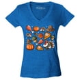 thumbnail image 1 of Shop4Ever Women's Thanksgiving Fall Collage Turkey Pilgrim Pumpkin Pie Slim Fit V-Neck T-Shirt Small Heather Royal Blue, 1 of 5