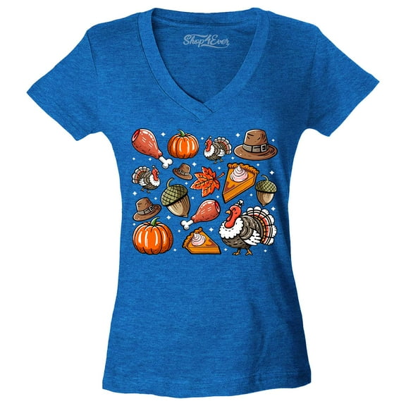 Shop4Ever Women's Thanksgiving Fall Collage Turkey Pilgrim Pumpkin Pie Slim Fit V-Neck T-Shirt X-Large Heather Royal Blue