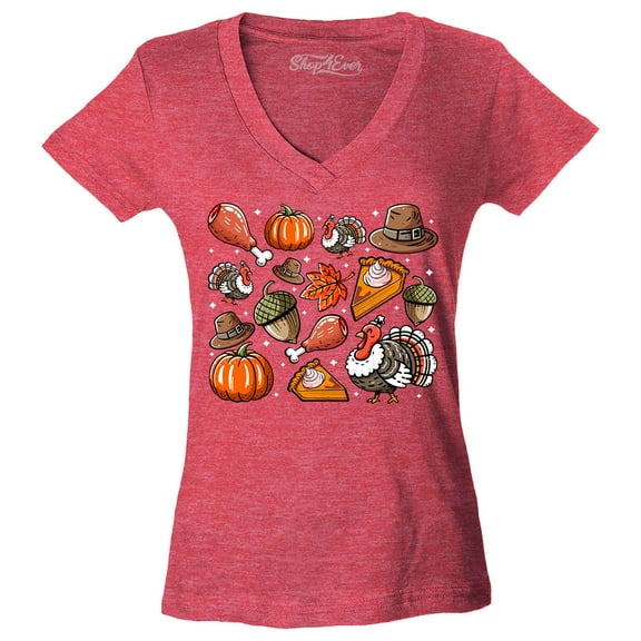 Shop4Ever Women's Thanksgiving Fall Collage Turkey Pilgrim Pumpkin Pie Slim Fit V-Neck T-Shirt XX-Large Heather Red