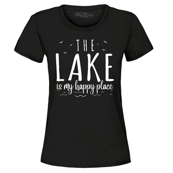 Shop4Ever Women's The Lake is My Happy Place Graphic T-Shirt Large Black