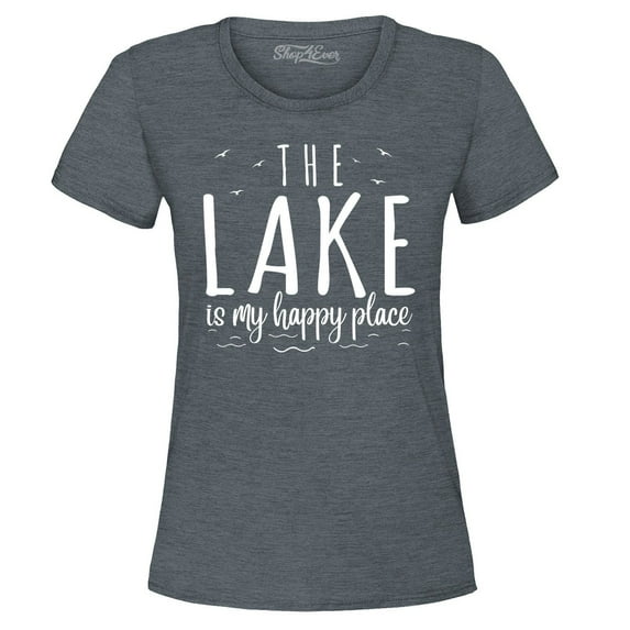 Shop4Ever Women's The Lake is My Happy Place Graphic T-Shirt Large Dark Heather