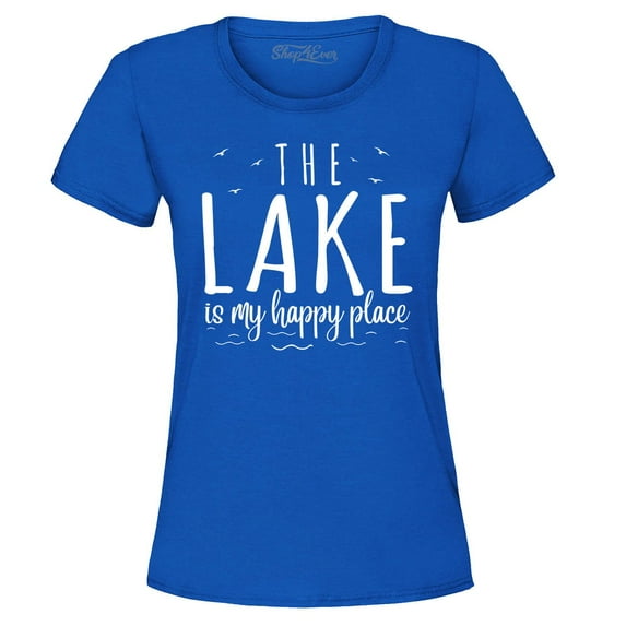 Shop4Ever Women's The Lake is My Happy Place Graphic T-Shirt Medium Royal Blue
