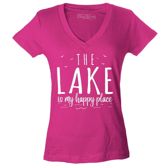 Shop4Ever Women's The Lake is My Happy Place Slim Fit V-Neck T-Shirt Large Pink