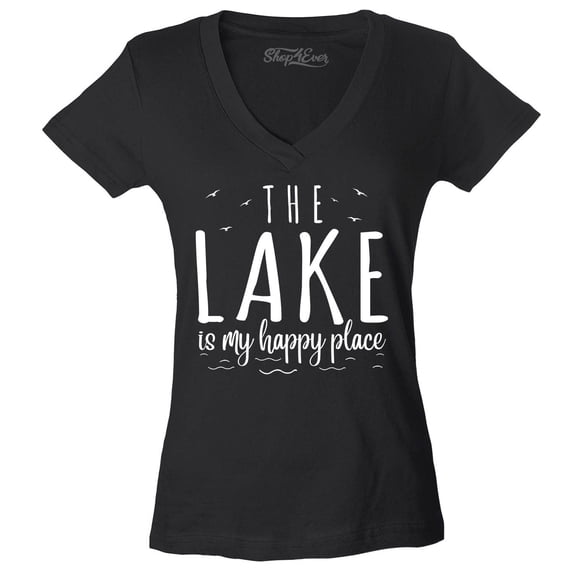 Shop4Ever Women's The Lake is My Happy Place Slim Fit V-Neck T-Shirt X-Large Black