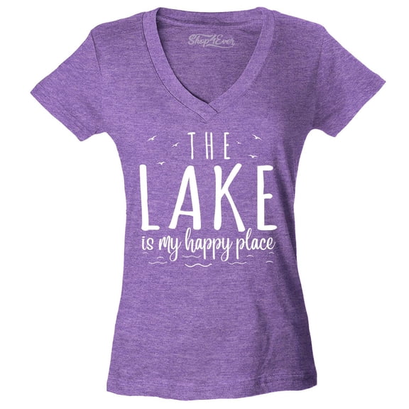 Shop4Ever Women's The Lake is My Happy Place Slim Fit V-Neck T-Shirt XX-Large Heather Purple