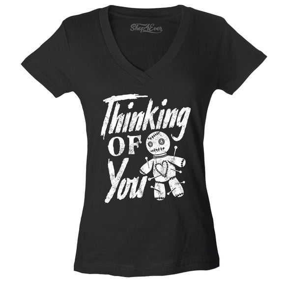 Shop4Ever Women's Thinking of You Voodoo Doll Halloween Slim Fit V-Neck T-Shirt Large Black