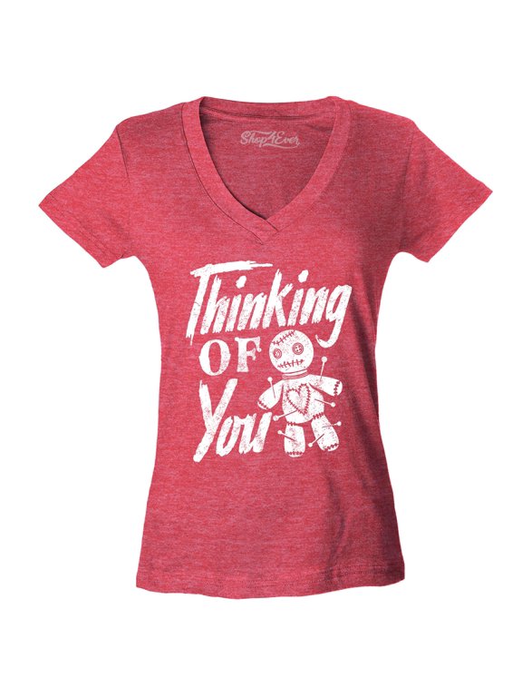 Women's Thinking of You Voodoo Doll Halloween Slim Fit V-Neck T-Shirt Medium Heather Red