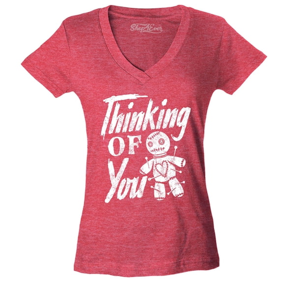 Shop4Ever Women's Thinking of You Voodoo Doll Halloween Slim Fit V-Neck T-Shirt X-Large Heather Red