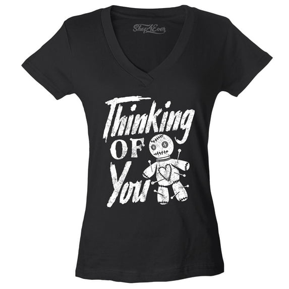 Shop4Ever Women's Thinking of You Voodoo Doll Halloween Slim Fit V-Neck T-Shirt X-Small Black