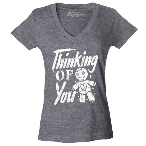 Shop4Ever Women's Thinking of You Voodoo Doll Halloween Slim Fit V-Neck T-Shirt XX-Large Heather Charcoal