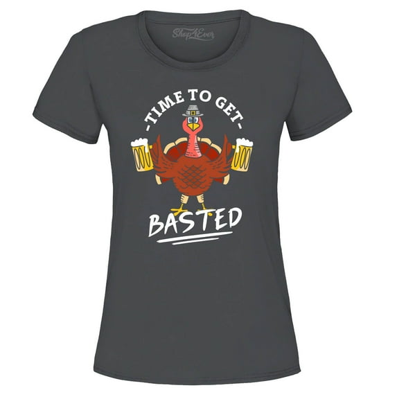 Shop4Ever Women's Time to Get Basted Thanksgiving Turkey Graphic T-Shirt Medium Charcoal