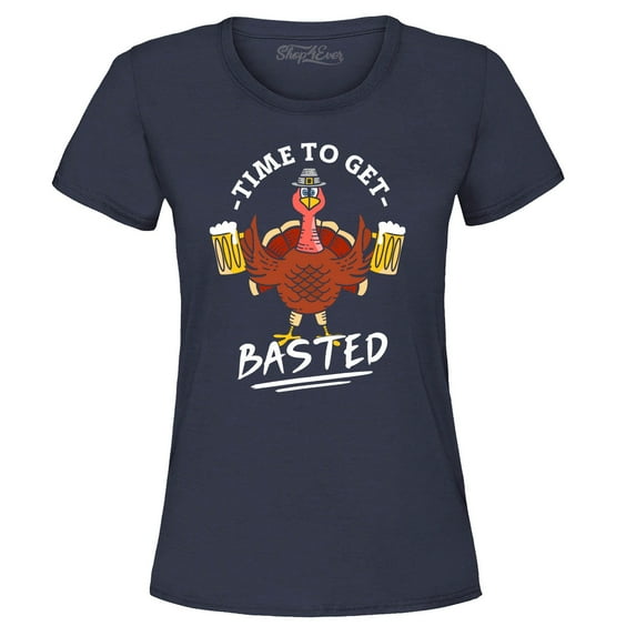 Shop4Ever Women's Time to Get Basted Thanksgiving Turkey Graphic T-Shirt X-Large Navy