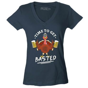 Shop4Ever Women's Time to Get Basted Thanksgiving Turkey Slim Fit V-Neck T-Shirt Medium Charcoal