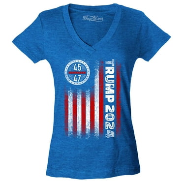 Shop4Ever Women's Trump 2024 American Flag 45 47 Donald Trump Slim Fit V-Neck T-Shirt Large Heather Royal Blue