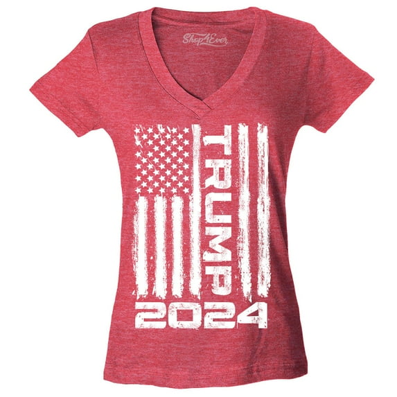 Shop4Ever Women's Trump Flag 2024 Slim Fit V-Neck T-Shirt Small Heather Red