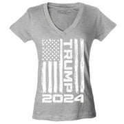 Shop4Ever Women's Trump Flag 2024 Slim Fit V-Neck T-Shirt X-Large Sports Grey