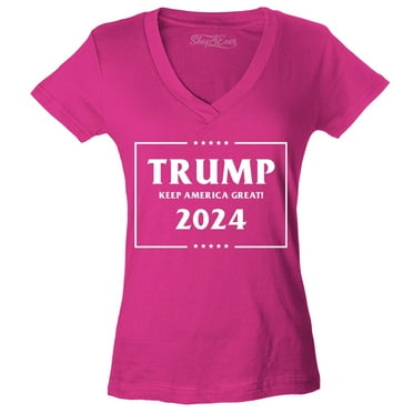 Shop4Ever Women's Trump Keep America Great 2024 Slim Fit V-Neck T-Shirt X-Small Pink