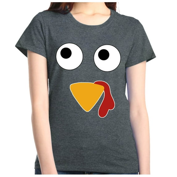 Shop4Ever Women's Turkey Face Thanksgiving Graphic T-Shirt Large Dark Heather