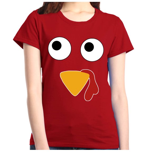 Shop4Ever Women's Turkey Face Thanksgiving Graphic T-Shirt Small Red