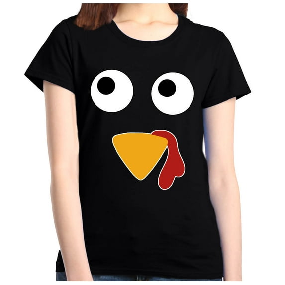 Shop4Ever Women's Turkey Face Thanksgiving Graphic T-Shirt X-Large Black