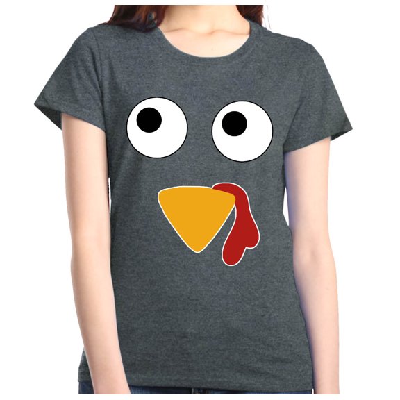 Shop4Ever Women's Turkey Face Thanksgiving Graphic T-Shirt XXX-Large Dark Heather