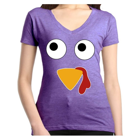 Shop4Ever Women's Turkey Face Thanksgiving Slim Fit V-Neck T-Shirt Medium Heather Purple