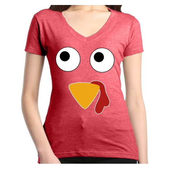 Shop4Ever Women's Turkey Face Thanksgiving Slim Fit V-Neck T-Shirt Medium Heather Red