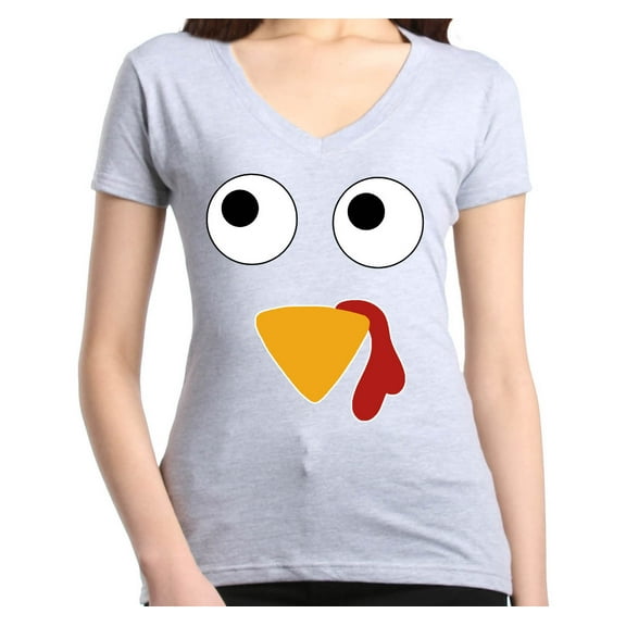 Shop4Ever Women's Turkey Face Thanksgiving Slim Fit V-Neck T-Shirt Medium Sports Grey