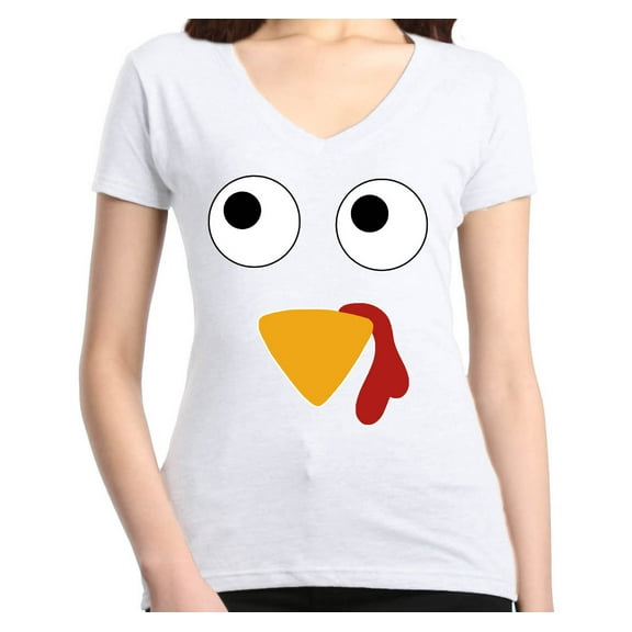 Shop4Ever Women's Turkey Face Thanksgiving Slim Fit V-Neck T-Shirt Medium White
