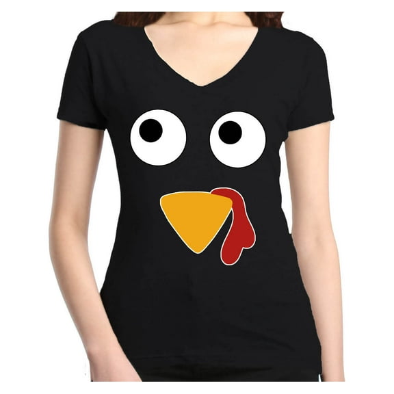 Shop4Ever Women's Turkey Face Thanksgiving Slim Fit V-Neck T-Shirt X-Large Black