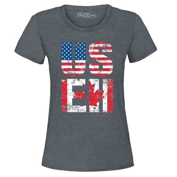 Shop4Ever Women's US EH American Canadian Flag Humor Graphic T-Shirt Large Dark Heather