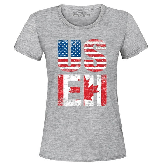 Shop4Ever Women's US EH American Canadian Flag Humor Graphic T-Shirt Medium Sports Grey