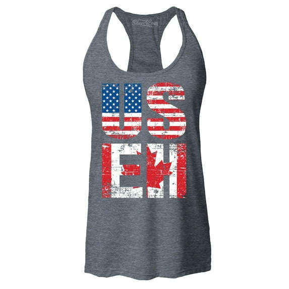 Shop4Ever Women's US EH American Canadian Flag Humor Racerback Tank Top X-Small Charcoal