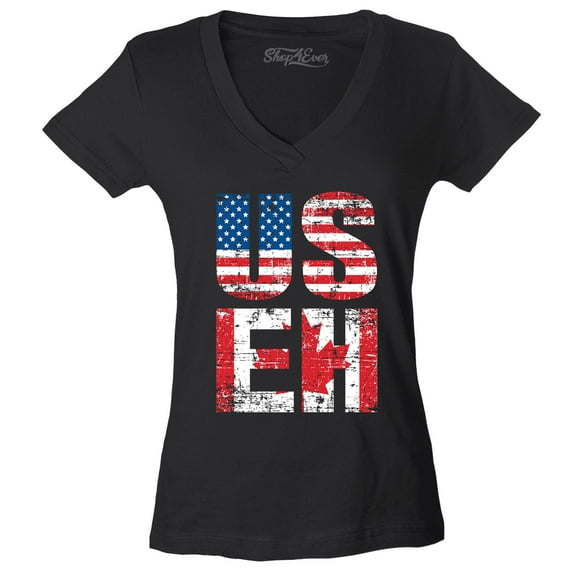 Shop4Ever Women's US EH American Canadian Flag Humor Slim Fit V-Neck T-Shirt Large Black